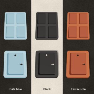 ATC display frames with rounded corners in pale blue, black and terracotta