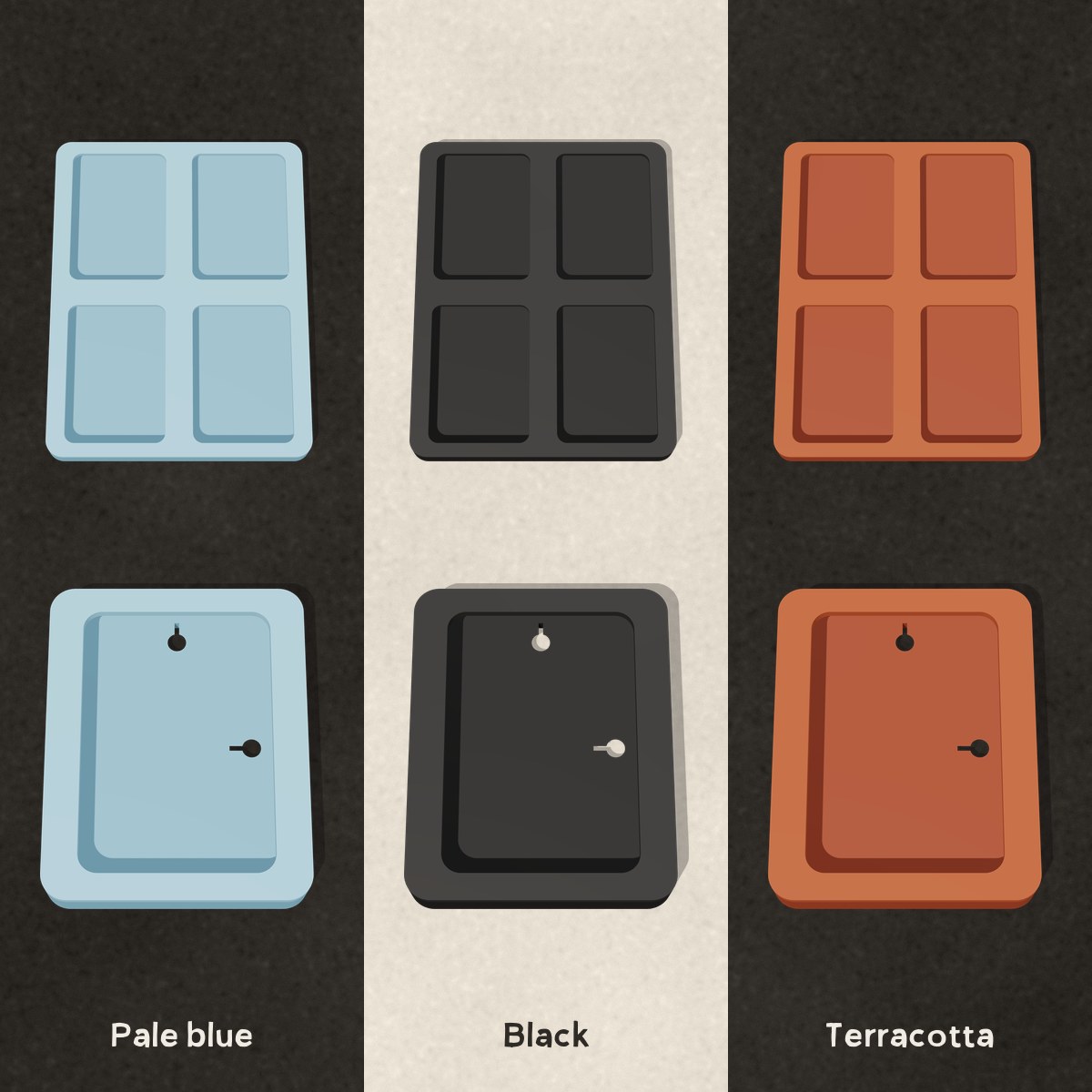 ATC display frames with rounded corners in pale blue, black and terracotta